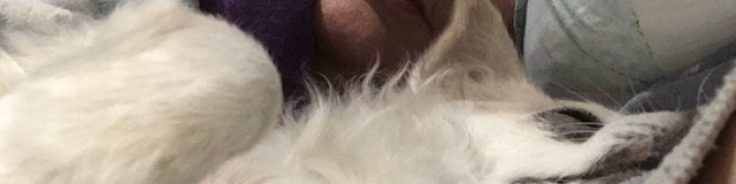 Woman lying down with a fluffy white dog