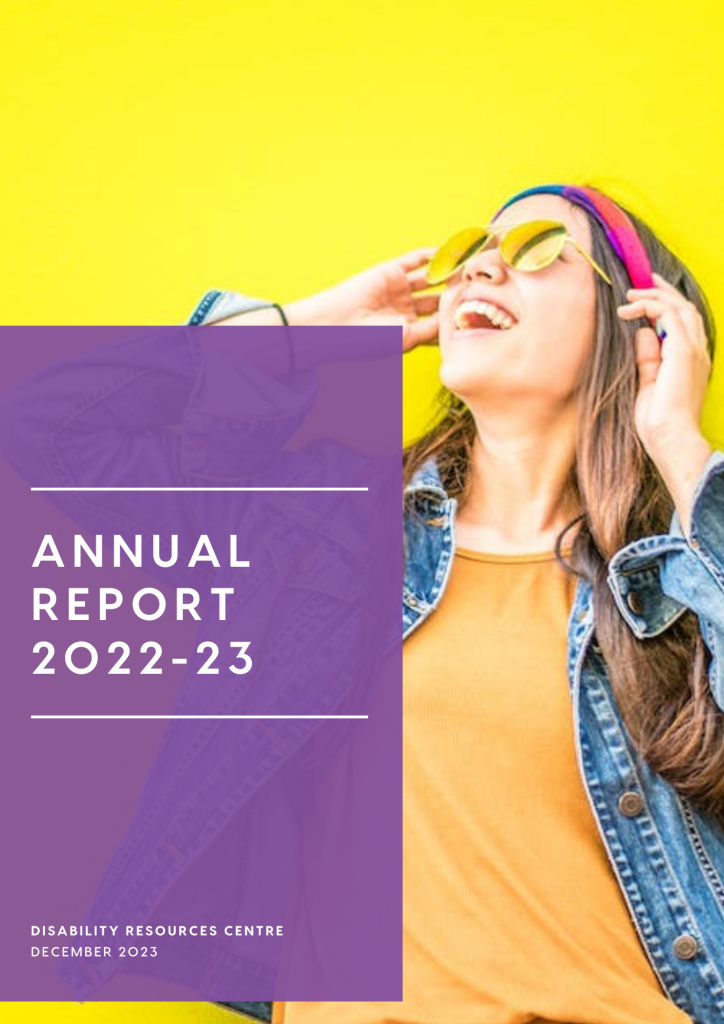 PDF of the DRC Annual Report 2022-2023. Cover features a young, blond woman with fair skin wearing a denim jacket. Her head is thrown back and she is smiling as she adjusts her sunglasses.