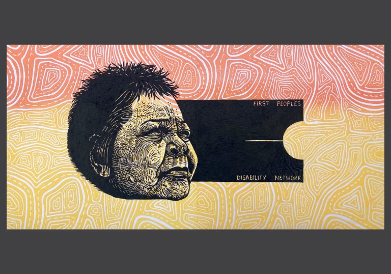 Photograph of a linocut print. In the foreground, in black, is an older Aboriginal woman with short hair, squinting a little as she gazes off into the distance. Only her head in depicted, and it overlaps with a ticket with the words "First Peoples Disability Network" written on it. In the background is red and yellow lines and dots in the style of traditional First Nations artwork.