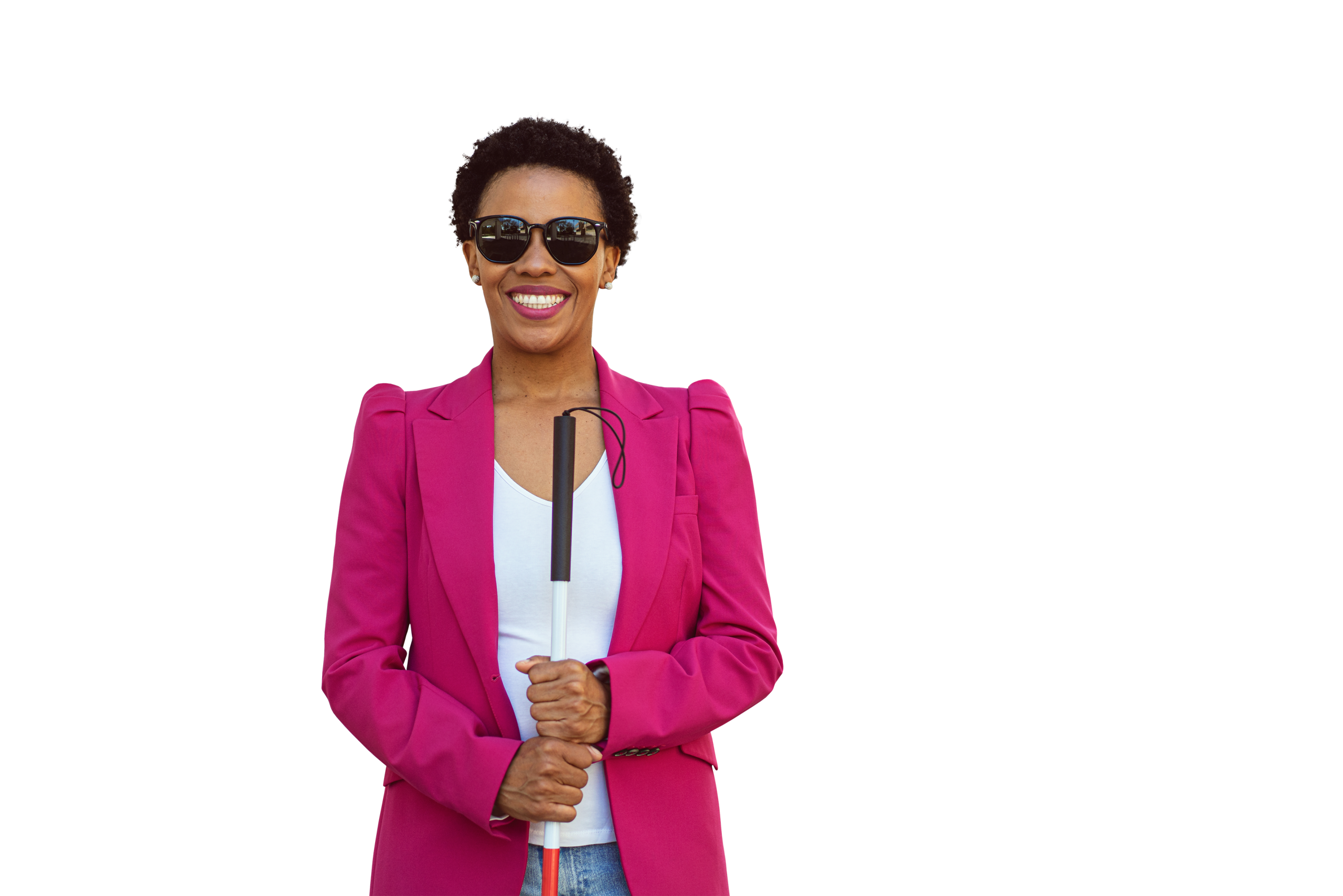 A person with brown skin and short curly black hair is smiling at the camera. They're wearing black sunglasses, a white shirt, and a bright pink jacket, and are holding a white cane. The background behind them fades from lime green to dark green, with the words "work with an advocate".