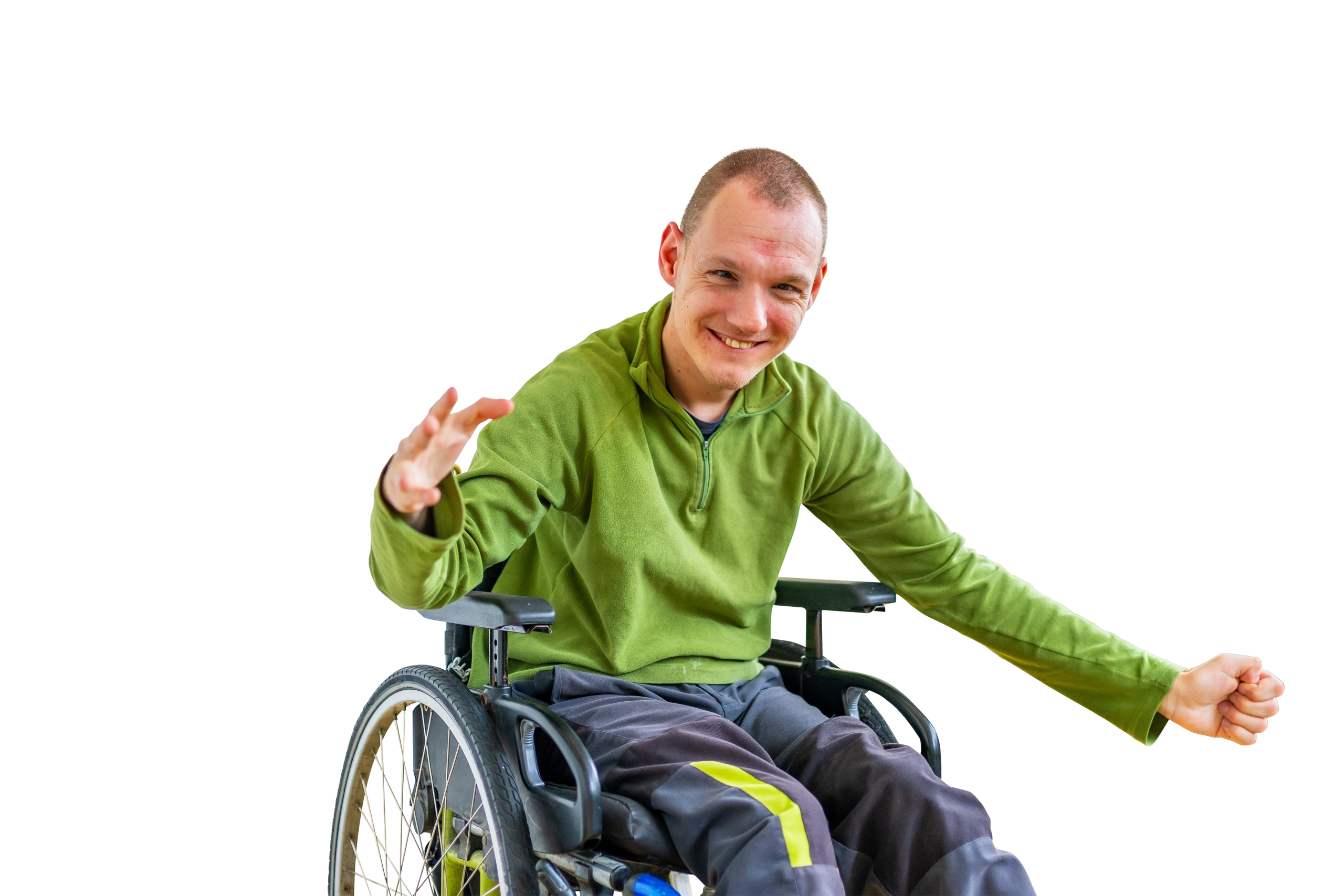 A person with light skin and very short hair who is smiling, while sitting in a manual wheelchair. They have a long green jumper and eans on, with one hand raised in a wave. Behind them is a background of light red and the words "connect to community".