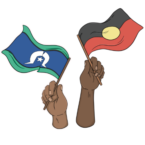 The Aboriginal and Torres Strait Islander flags held aloft and flapping in the breeze. The Aboriginal flag features a yellow circle with black above and red below. The Torres Strait Islander flag is blue and green with a white headdress featured in the centre.