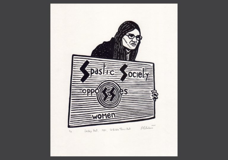 A black and white linocut print featuring an older woman with long hair and glasses holding up a sign that says "Spastic Society opposses women. The letter "s" is made to look like the lightning bolts in the SS Nazi symbol.