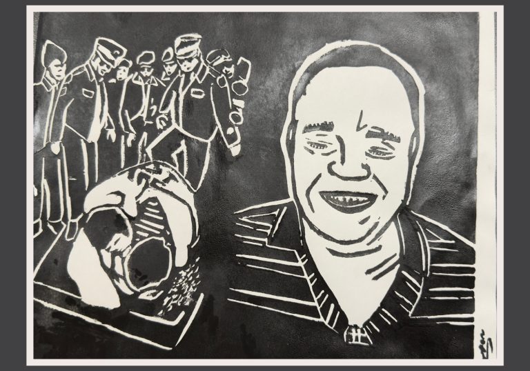 Black and white linocut print. In the foreground is a man wearing a striped polo-shirt. He has a big toothy smile. Behind him a small crowd of people, including two wearing police hats and people with cameras. They are looking down at two people lying together on a mattress in an intimate embrace, wrapped in a blanket.
