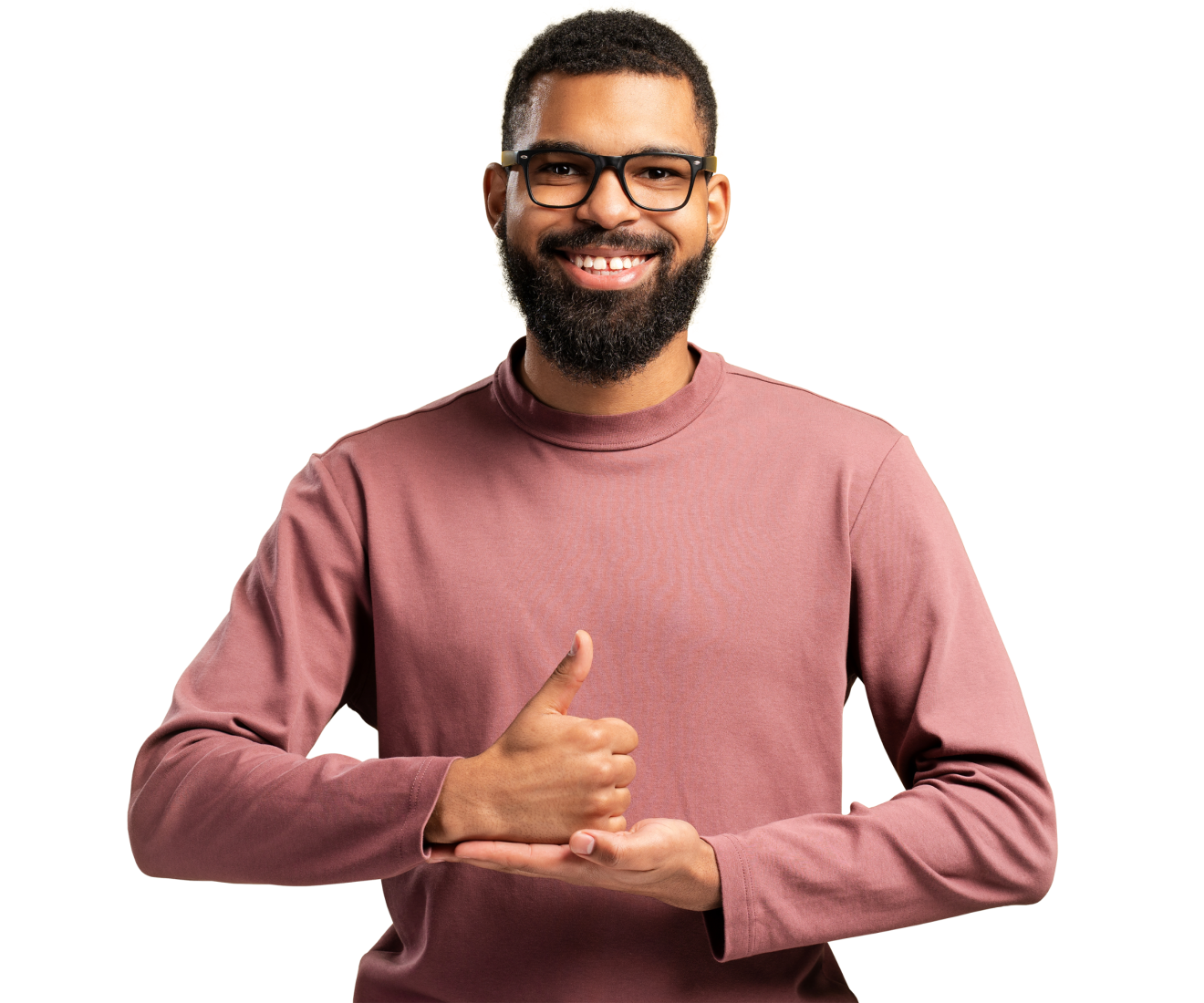 A picture of a person with brown skin, a dark, short beard, and dark short hair, wth black-rimmed glasses. They are standing, with their hands in front of them, one palm outstretched, while the other is positioned in a thumbs up. They are wearing a light brown shirt. The background is a variant of dark and light green, with the words "know your rights".