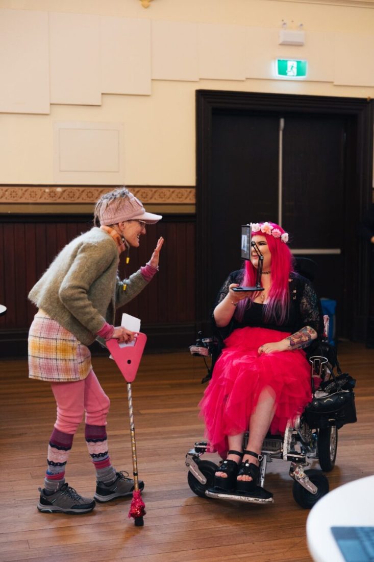 Two people talking to each other. One of them is wearing brightly coloured clothes and a hat, and is using a walking stick. The other person has bright pink hair, a matching pink skirt, and a black top. They are sitting in an electrical wheelchair