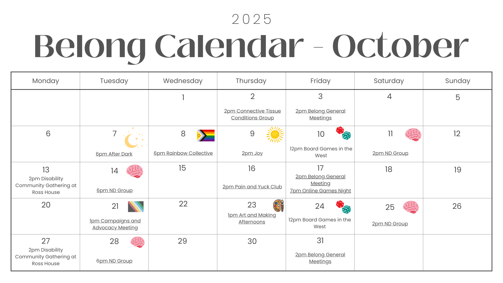 A calendar for October showing the Belong events for the month