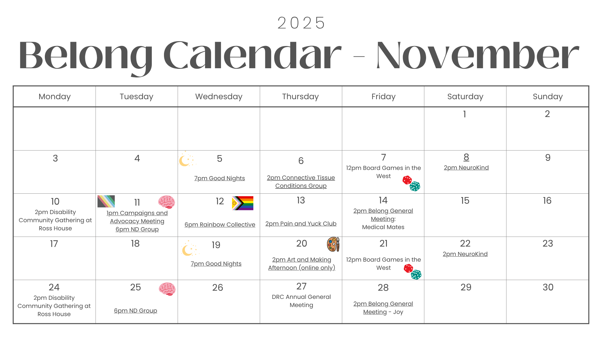 A calendar view of all the events for Belong during November