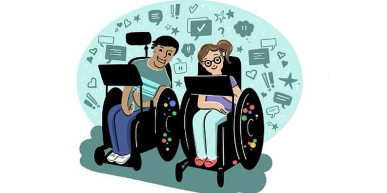 A cartoon image of two wheelchair users with AAC devices communicating.