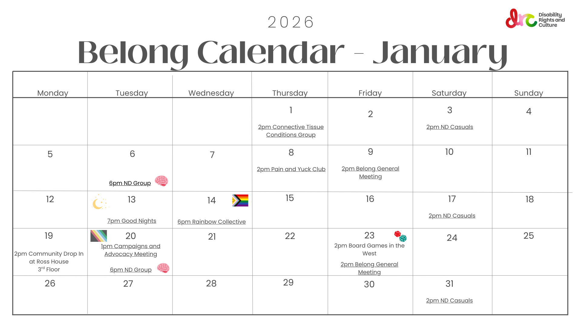 A calendar view of the events for Belong in January 2026
