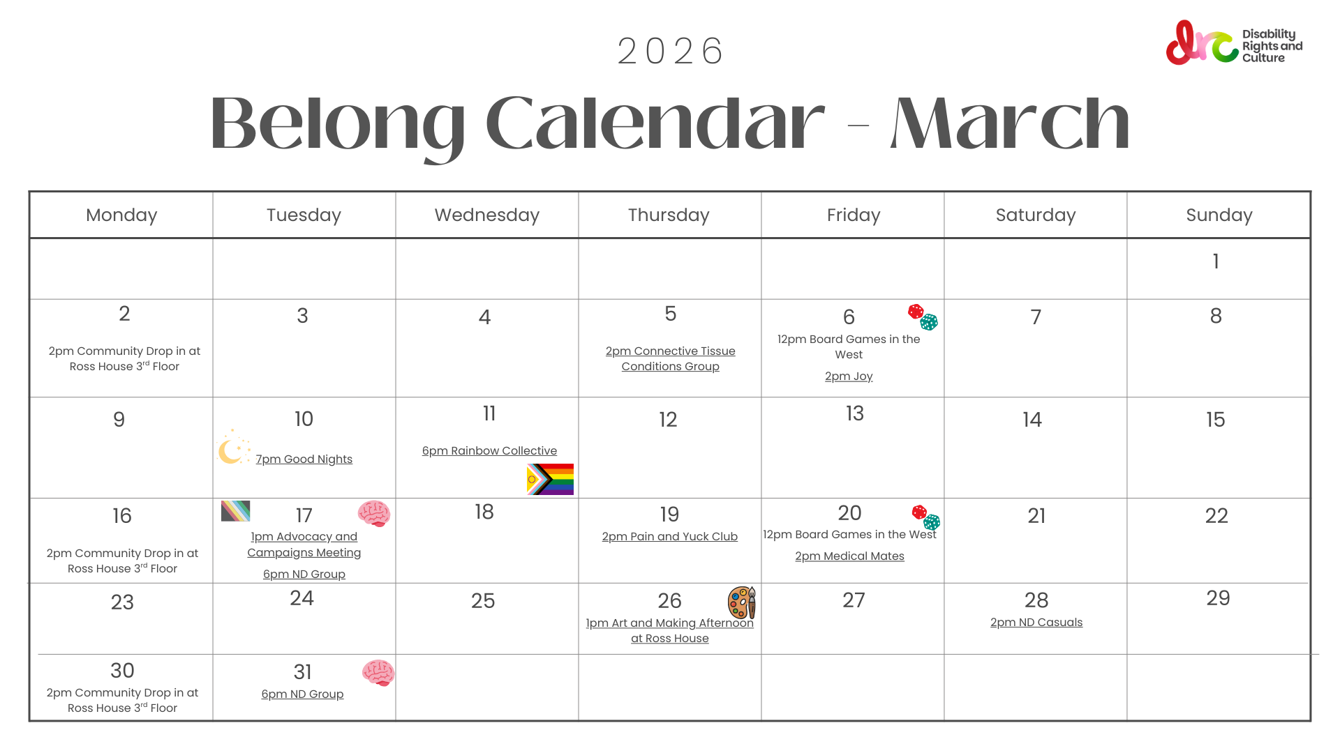 A calendar view of the Belong events for March