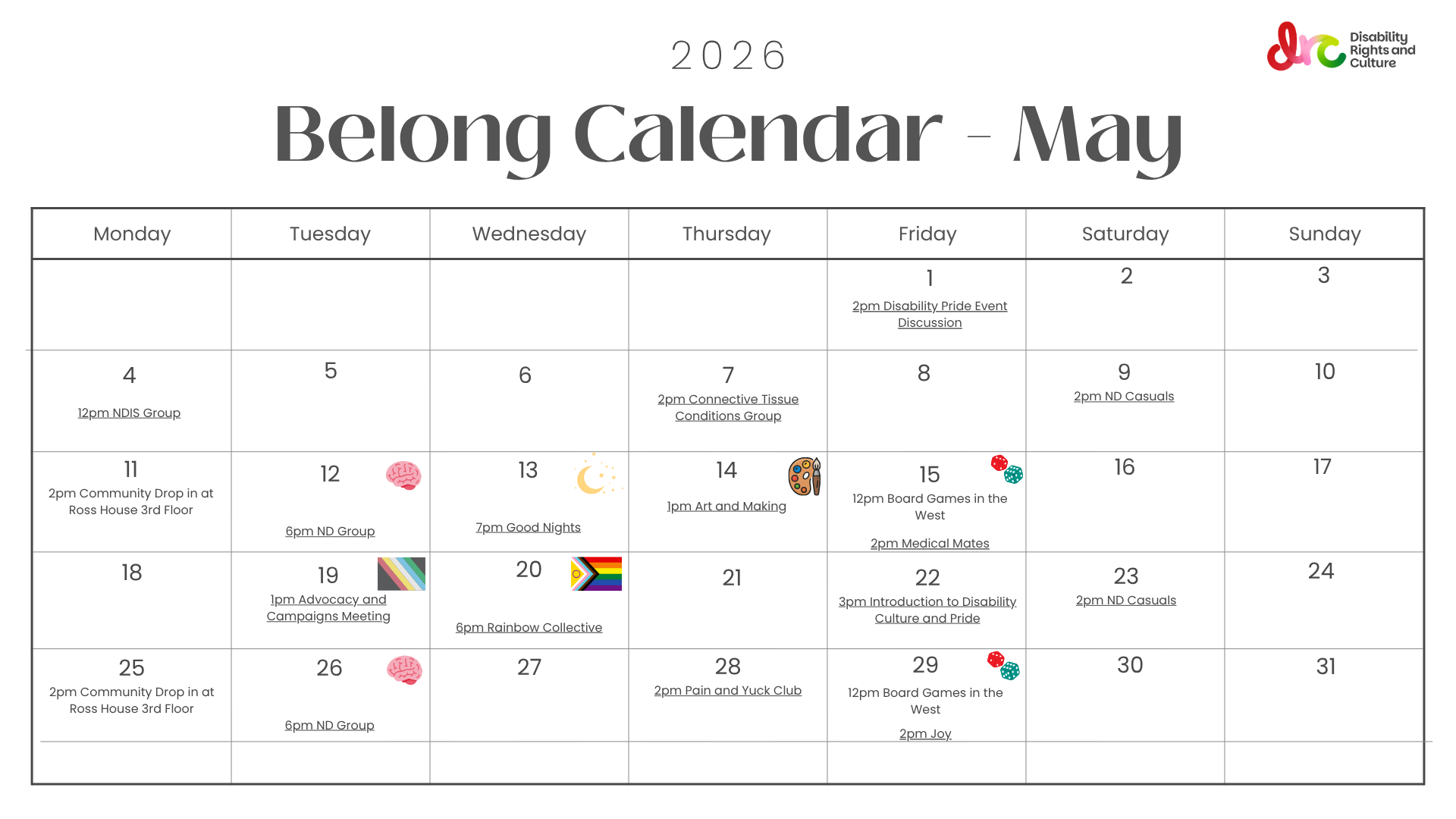 The calendar view for Belong May 2026