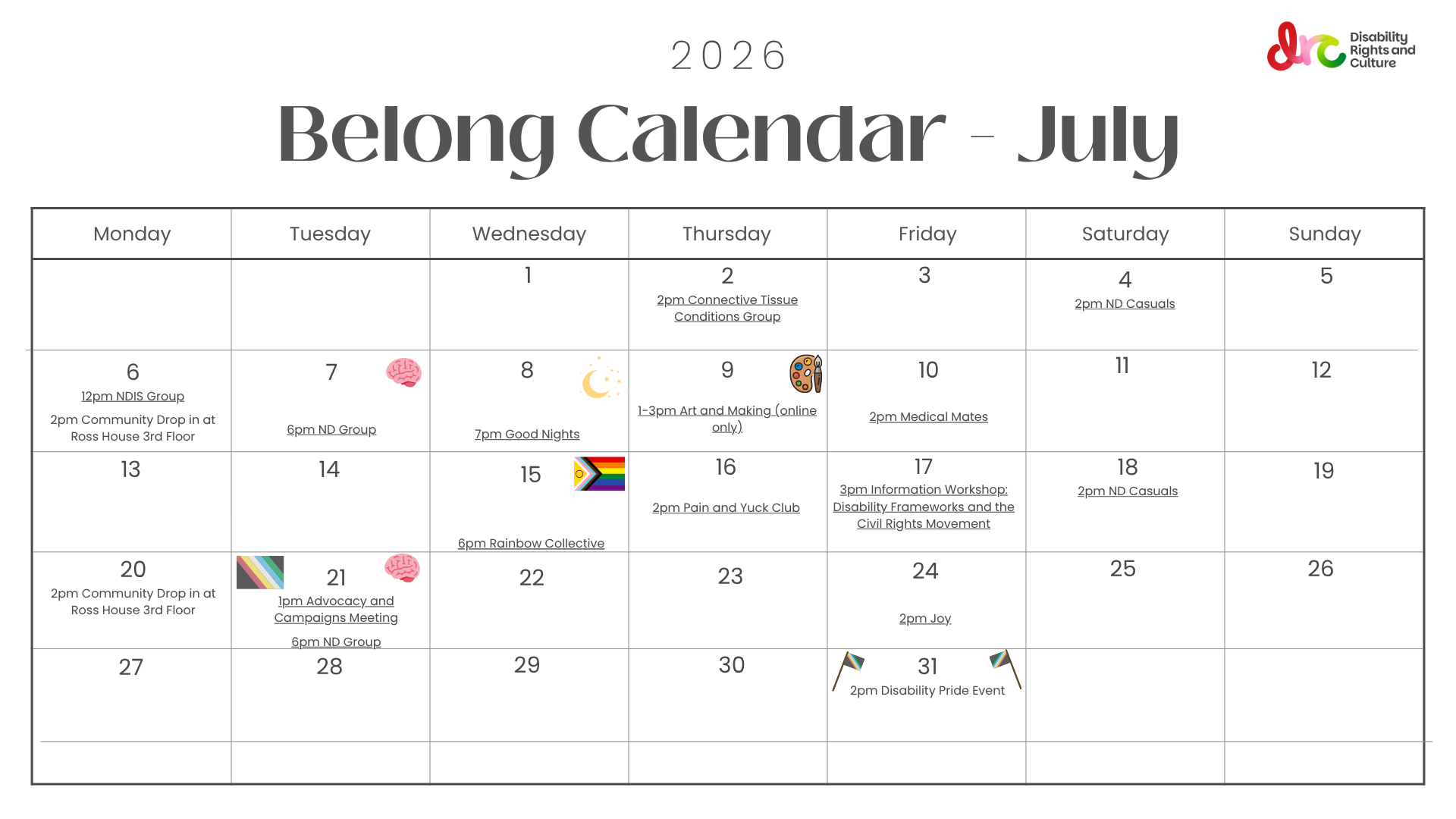 The calendar view of Belong events for July 2026