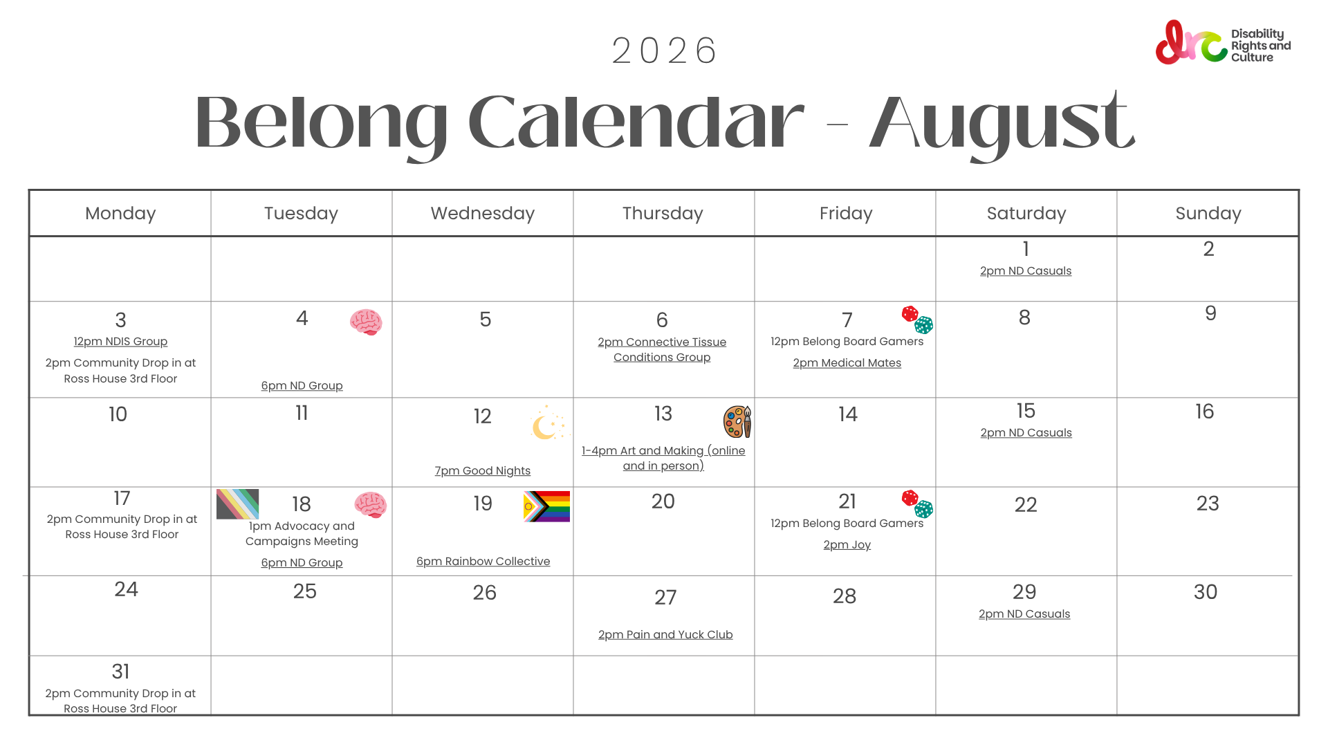 The calendar view of the Belong meetings for August 2026